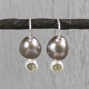 Dangles silver white with brown pearl and labradorite