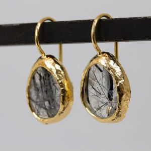 Earrings large drop of black rutile quartz