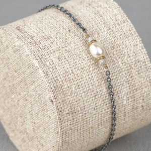Armband zilver oxy + verguld Parel + Ruwe Diamant