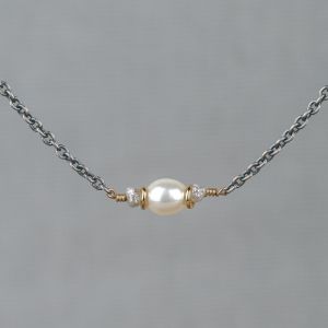 Halskette Silber Oxy + vergoldet + Perle + Rohdiamant
