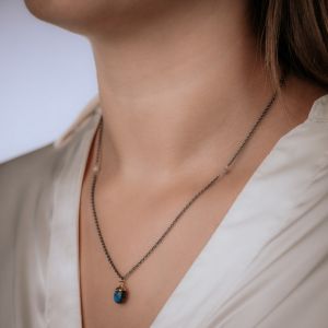 Collier zilver oxy + verguld Labradoriet + Ruwe Diamant