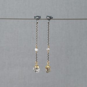 Oorbel zilver oxy + verguld + Herkimer Diamant + Ruwe Diamant