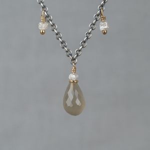 Collier zilver oxy + verguld Ruwe diamant + Grijze Maansteen