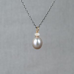 Collier zilver oxy + verguld Ruwe Diamant + Grijze Parel