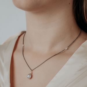 Necklace silver oxy + gold plated Rough Diamond + Gray Pearl
