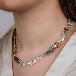 Collier viooltjes drie kleuren zilver + oxy + verguld