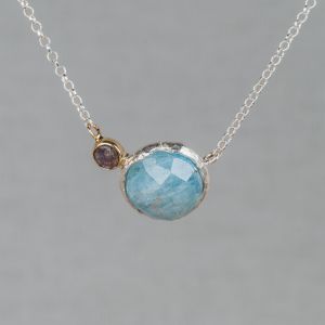 Collier zilver + magic duo Aquamarijn + Labradoriet + 9 krt
