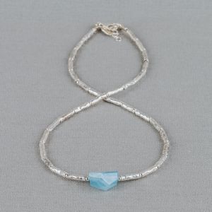Necklace tubes sleek silver + Aquamarine