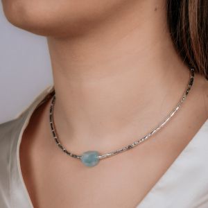 Necklace tubes sleek silver + Aquamarine