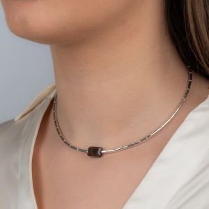 Collier buisjes strak zilver + Bruine Maansteen
