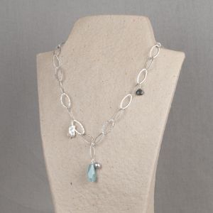 Necklace link silver + Aquamarine + Pearl + Labradorite