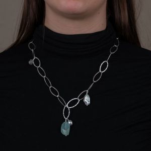 Necklace link silver + Aquamarine + Pearl + Labradorite