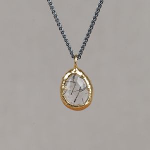 Collier zilver oxy + grote druppel verguld + Black Rutiel