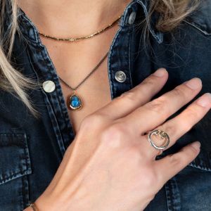 Ring zilver cirkel + 9 karaat + Labradoriet facet