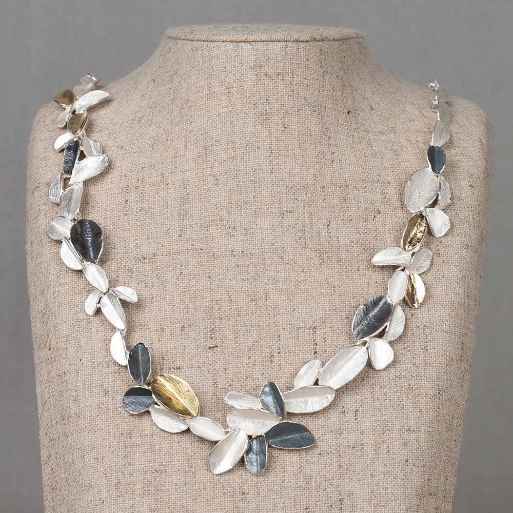 Collier zilver bladvorm + verguld en oxy