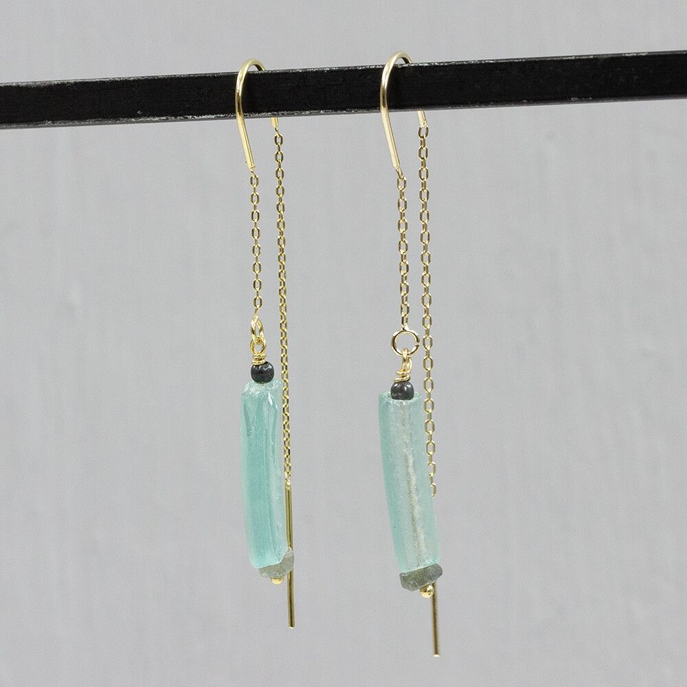 Durchziehohrring vergoldet + Labradorit + Römisches Glas