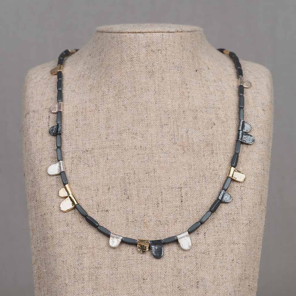 Collier natural Hematiet + flapjes zilver + Goldfilled