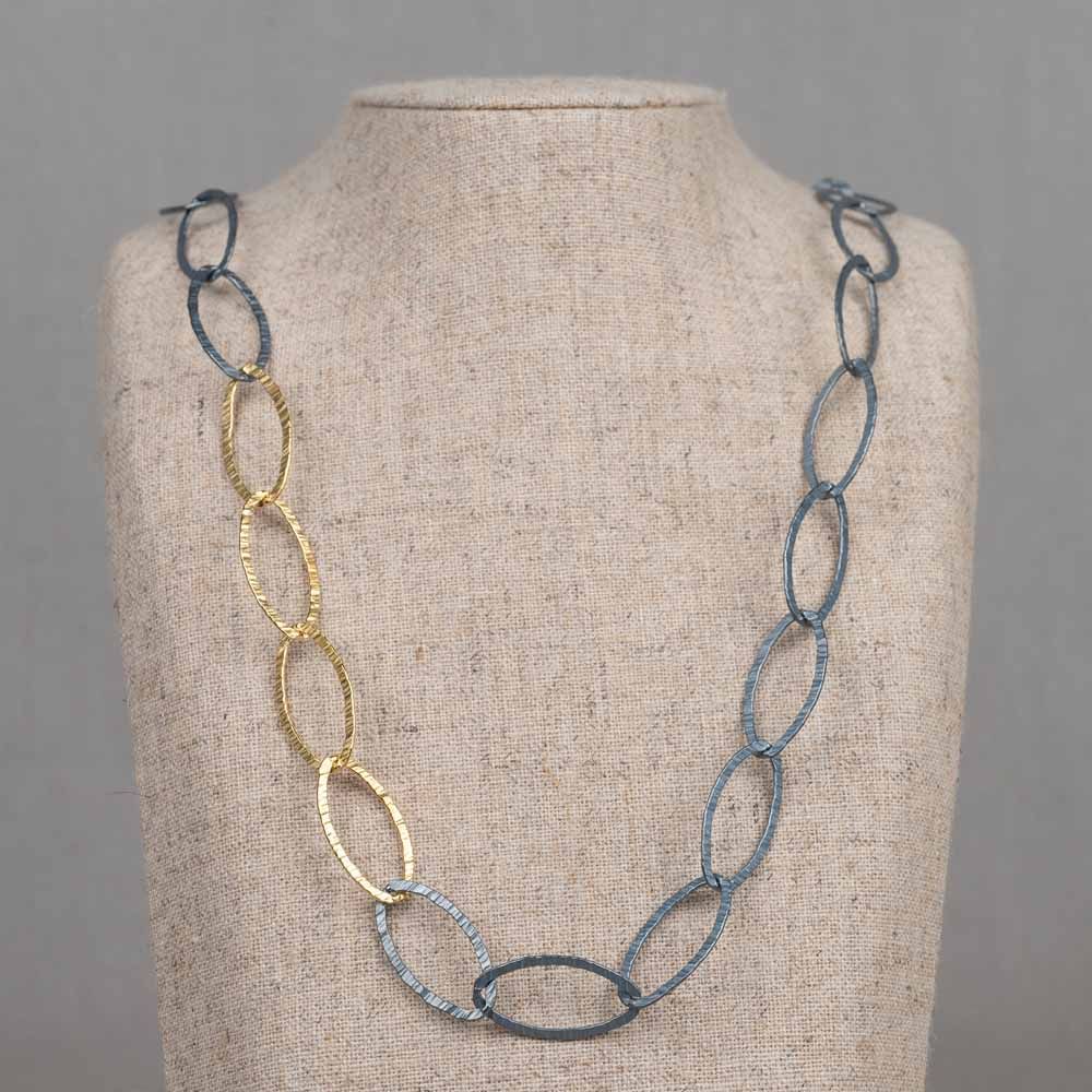 Collier navette zilver oxy + verguld 65 cm