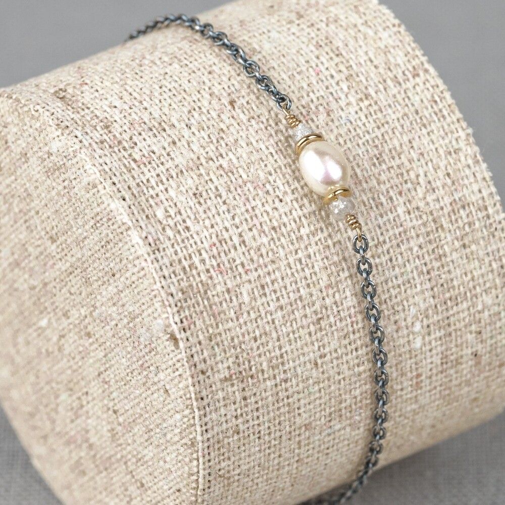 Armband zilver oxy + verguld Parel + Ruwe Diamant