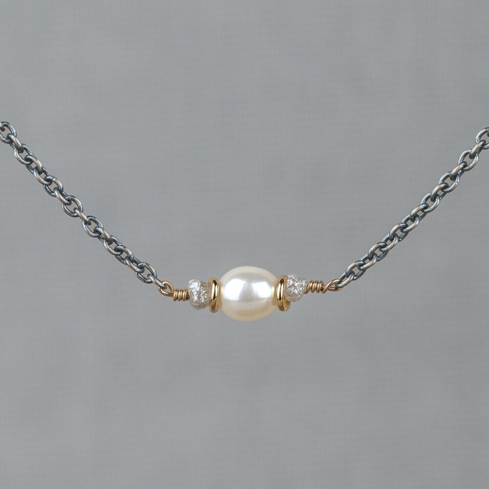 Collier zilver oxy  + verguld + Parel + Ruwe Diamant