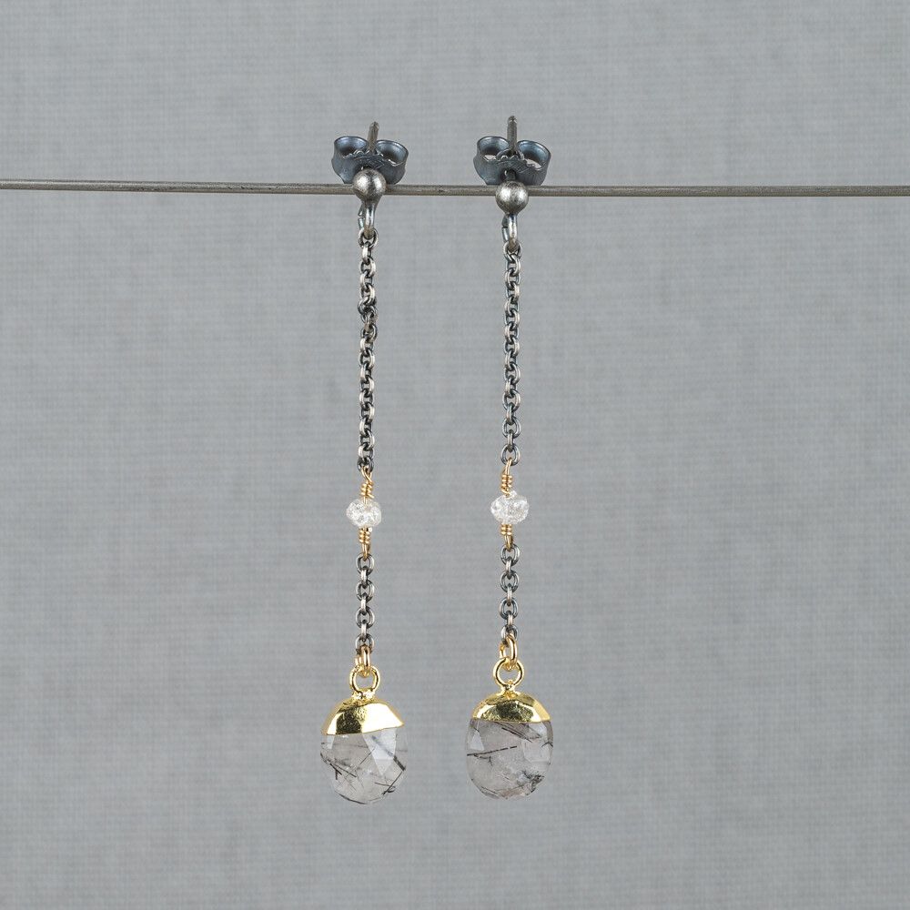 Oorbel zilver oxy + verguld Black Rutiel + Ruwe Diamant