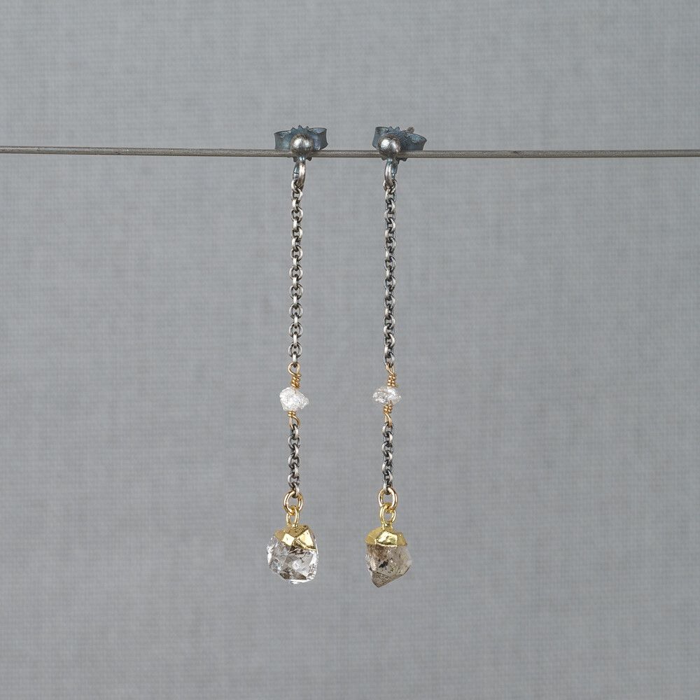 Oorbel zilver oxy + verguld + Herkimer Diamant + Ruwe Diamant