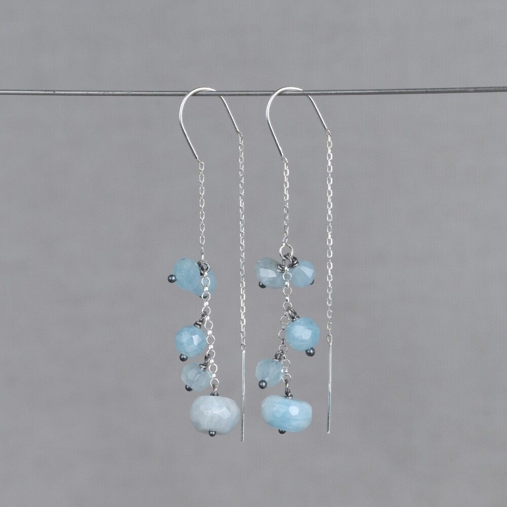 Doortrek oorbel zilver + La Botanic Aquamarijn
