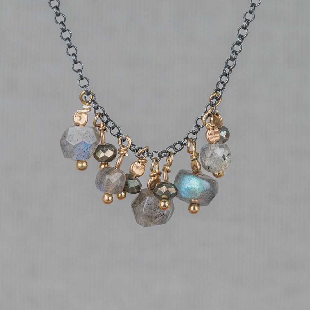 Collier trosjes zilver verguld + Labradoriet + Pyriet