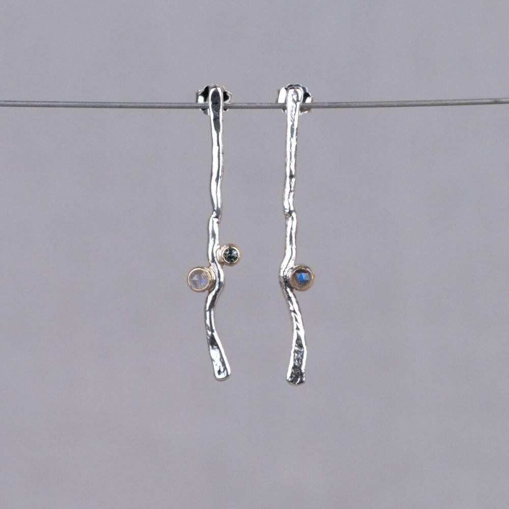 Oorstekers pegel zilver + 9 krt + Labradoriet + Toermalijn