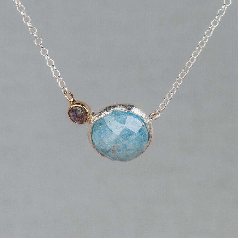 Collier zilver + magic duo Aquamarijn + Labradoriet + 9 krt