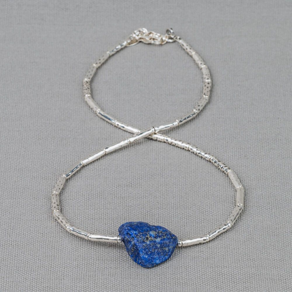 Collier buisjes strak zilver + Lapis