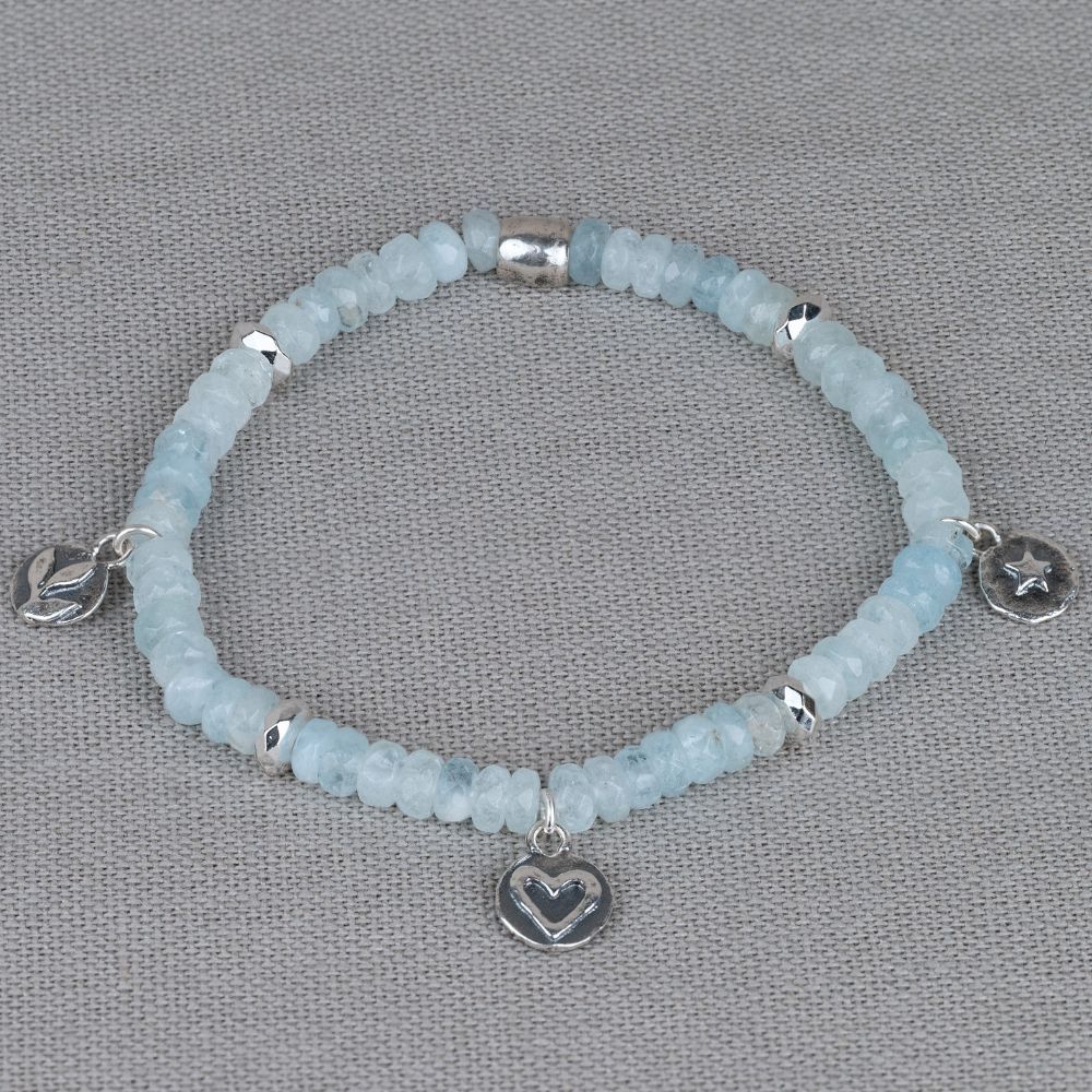 Armband zilver + Aquamarijn + bedels