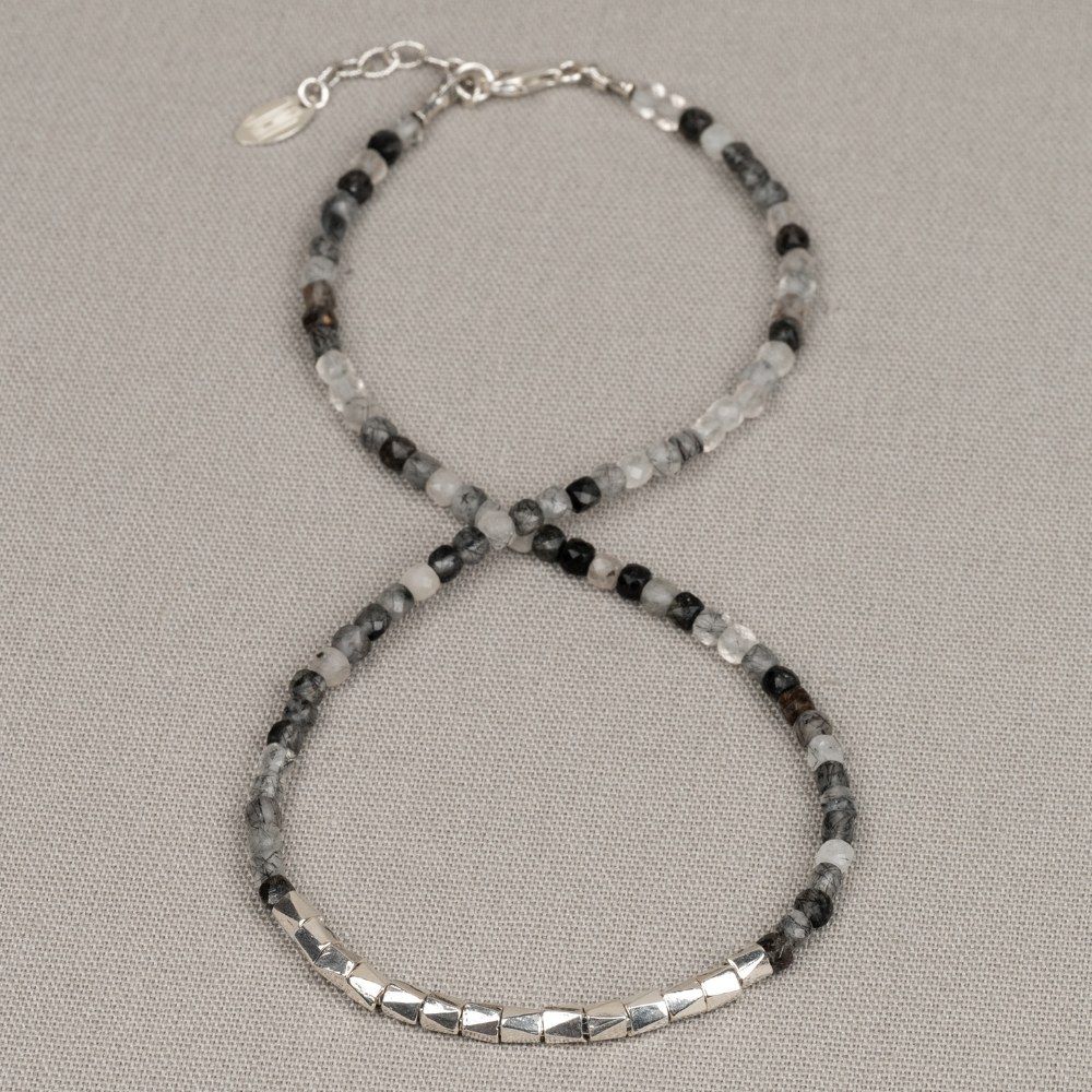 Collier Black Rutiel met rij van zilver hoekige tubes
