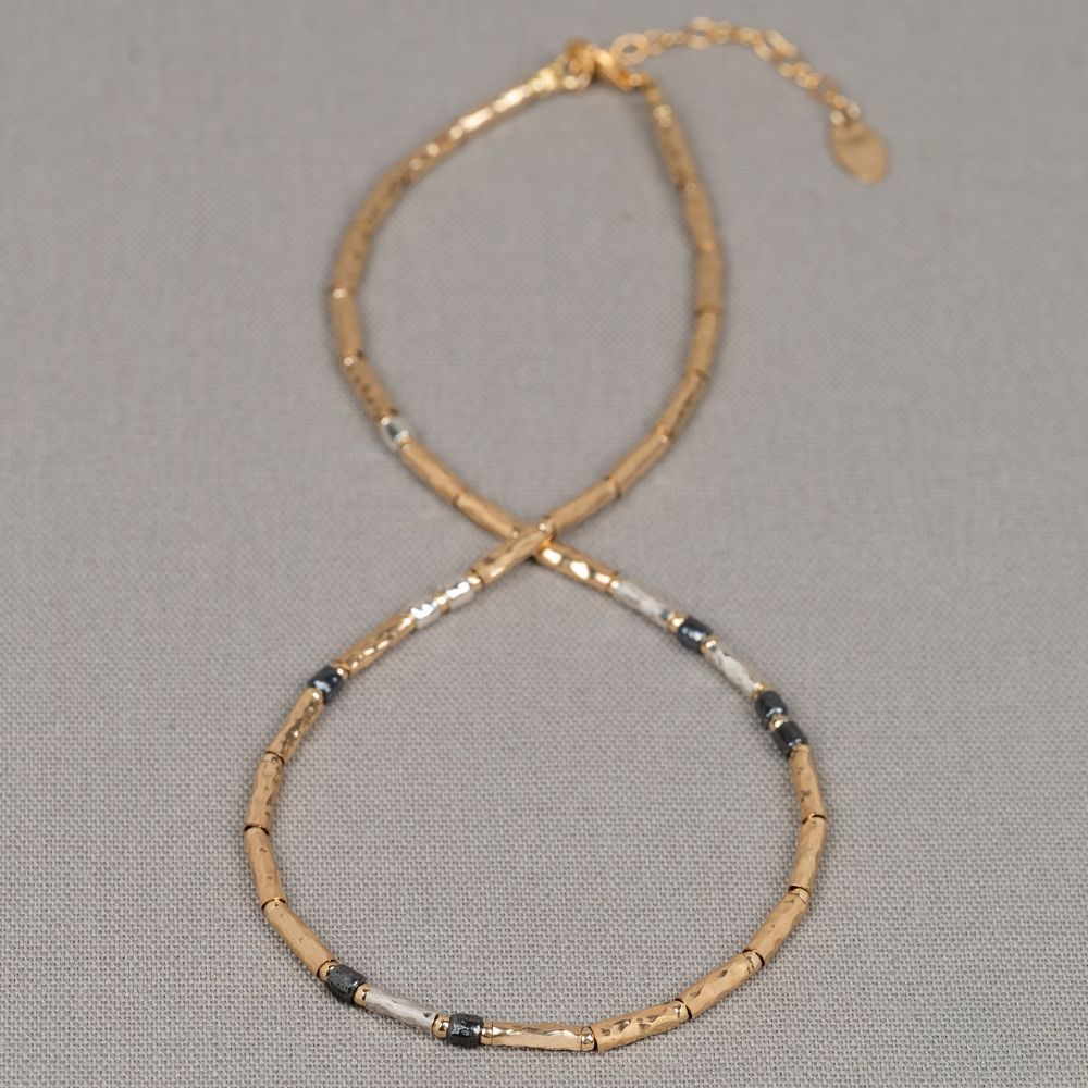 Collier Tubes Goldfilled + zilver oxy Happy