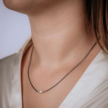 Halskette Silber Oxy + vergoldet + Perle + Rohdiamant