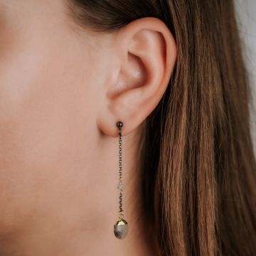 Ohrring Silber Oxy + vergoldeter schwarzer Rutil + Rohdiamant