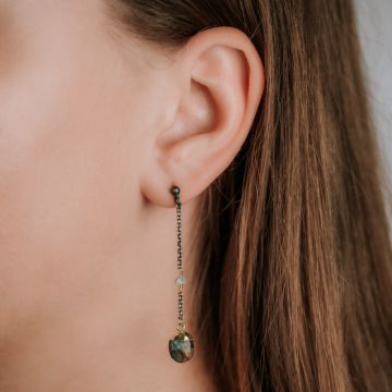 Ohrring Silber Oxy + vergoldeter Labradorit + Rohdiamant