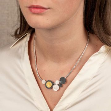 Necklace Tubes circles silver + oxy + gold plated
