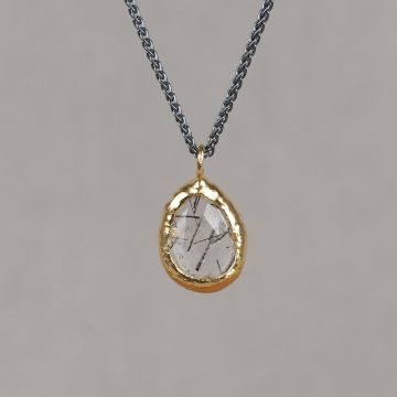 Collier zilver oxy + grote druppel verguld + Black Rutiel