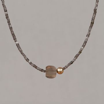 Halskette Duo Edelsteine Silber Obsidian + Rauchquarz Goldfilled